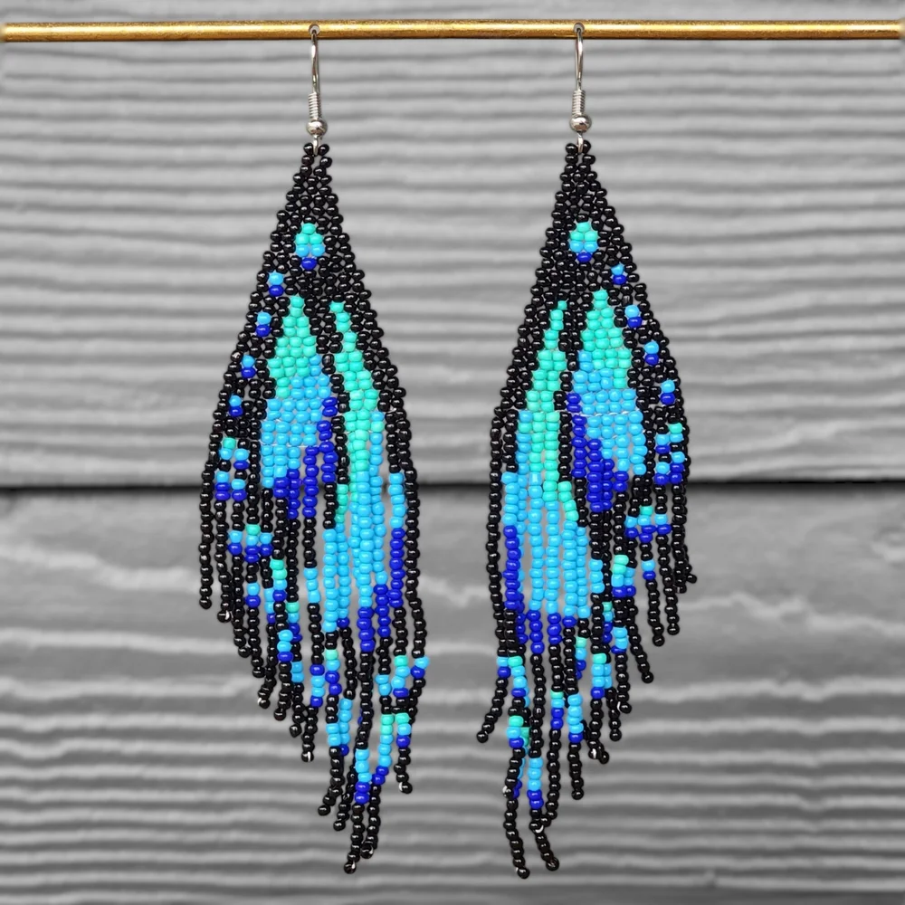 Butterfly Boho Beaded Fringe Earrings Handmade Black Statement Jewelry Boheme - Picture 3 of 3